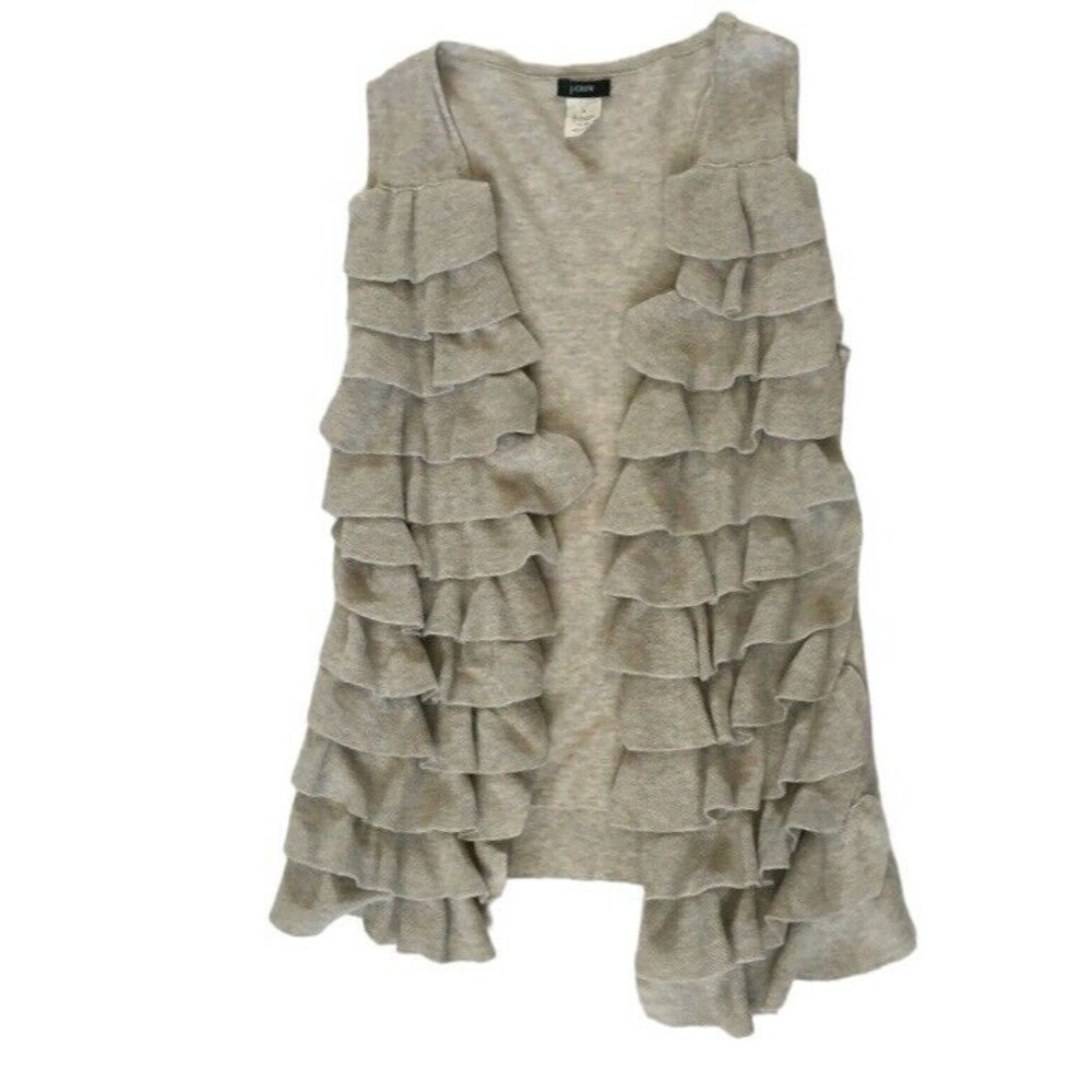 J. Crew Ruffle Open Cardigan Sweater Vest Size S Wheat Ribbed Open Front